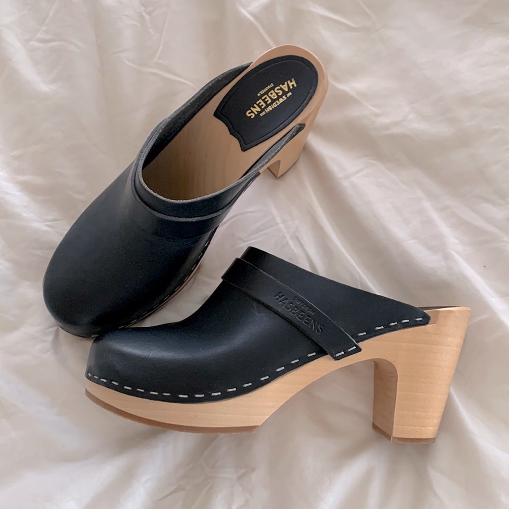 Swedish Hasbeens Black Leather Clogs